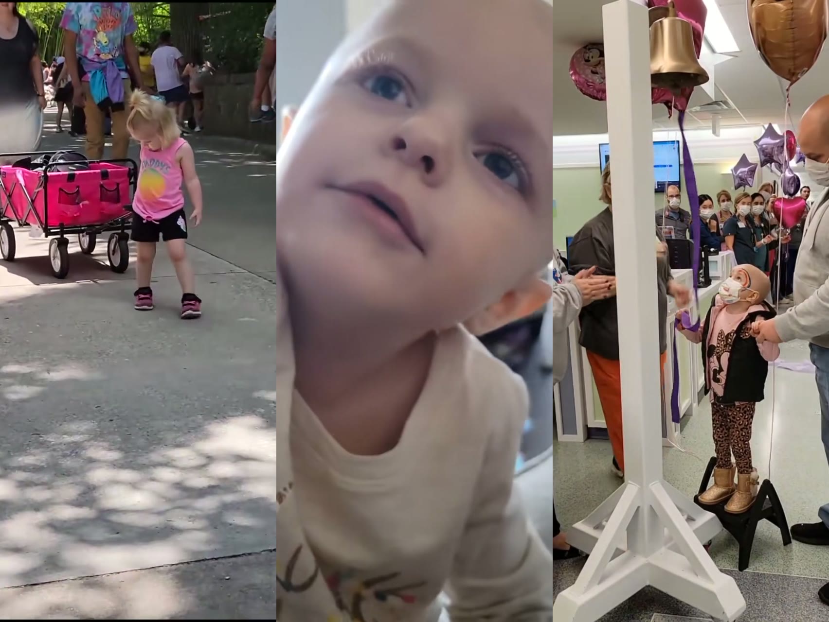 Lily antes do diagnóstico, no hospital e a tocar o sino do fim do tratamento
